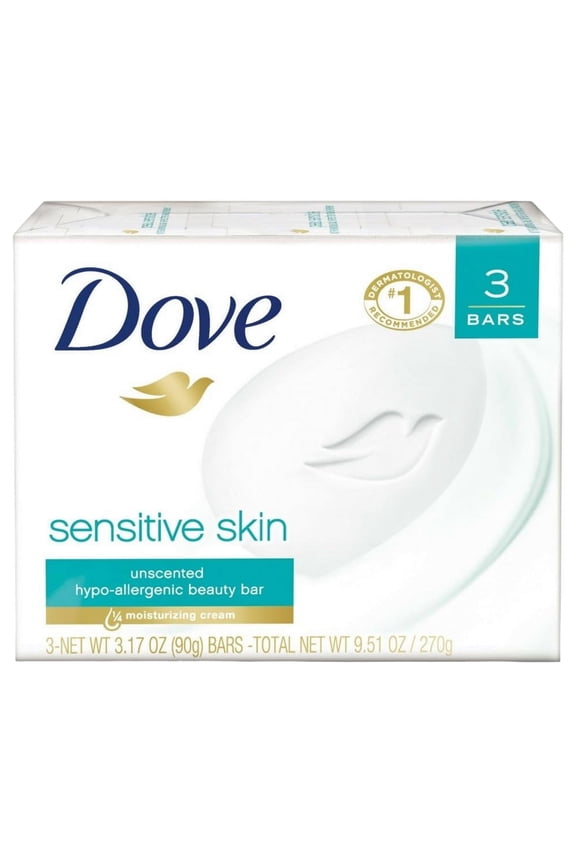 Beauty Bar More Moisturizing Than Bar Soap Sensitive Skin With Gentle Cleanser for Softer Skin, Fragrance Free, Hypoallergenic 3.17 oz, 3 Bars