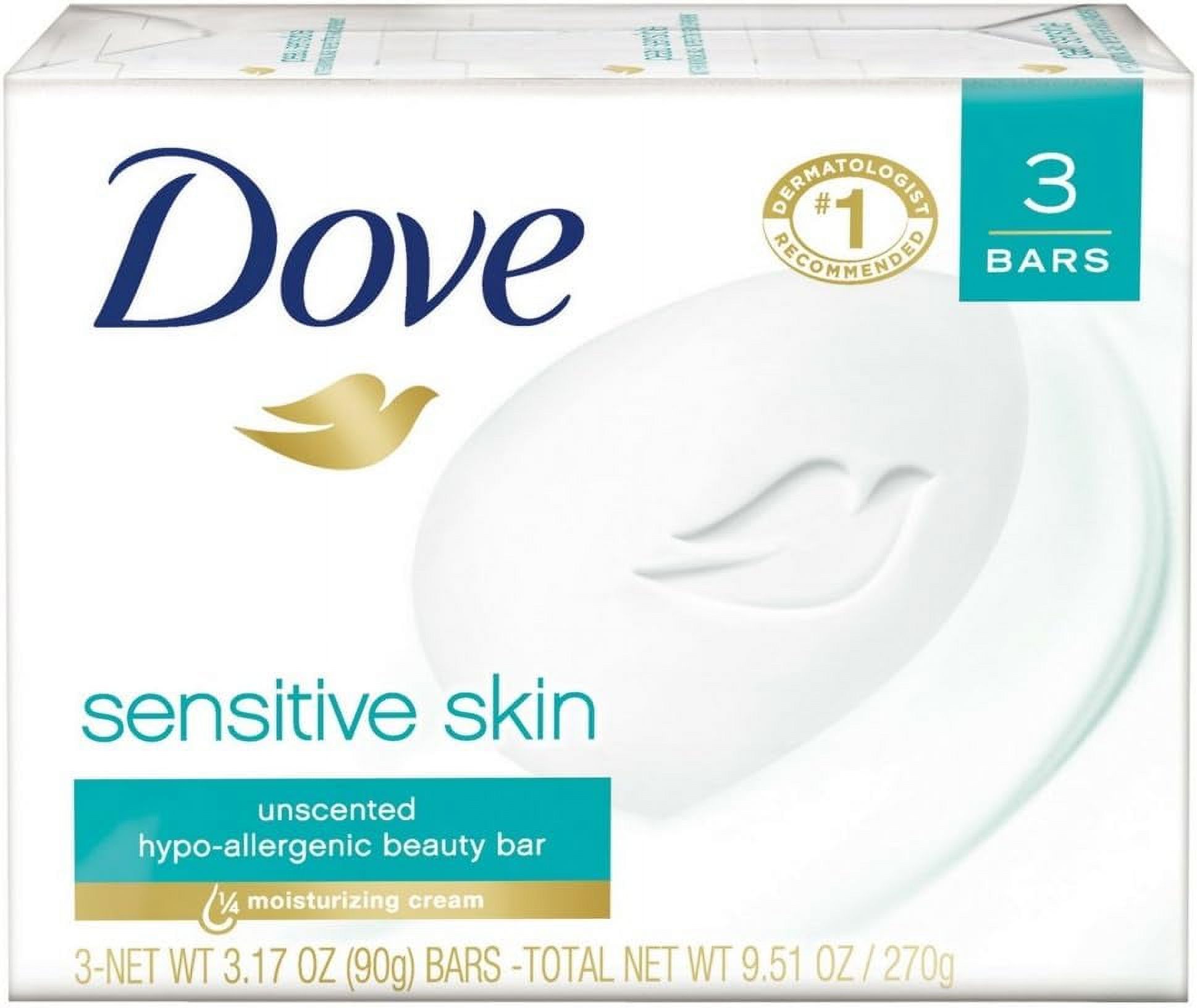 Dove Beauty Bar More Moisturizing Than Bar Soap Sensitive Skin With Gentle Cleanser for Softer Skin, Fragrance Free, Hypoallergenic 3.17 oz, 3 Bars - image 1 of 2