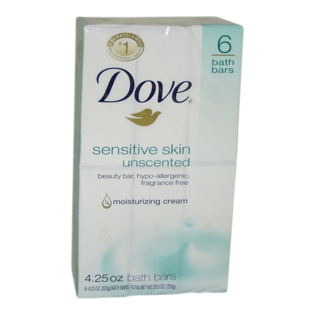 Dove Beauty Bar More Moisturizing Than Bar Soap Sensitive Skin With Gentle Cleanser for Softer Skin, Fragrance-Free, Hypoallergenic Beauty Bar 3.75 oz, 6 Bars