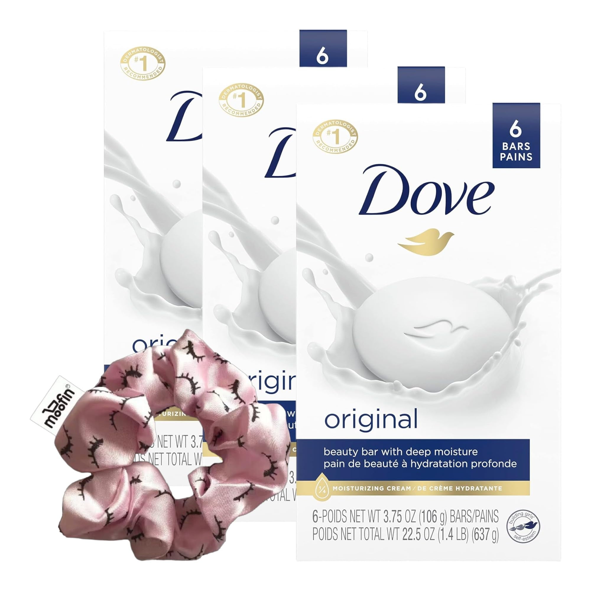 Dove Beauty Bar Soap, 6 bars Moisturizing Cream Bar Soap for Soft Skin, with Moofin Hair Tie