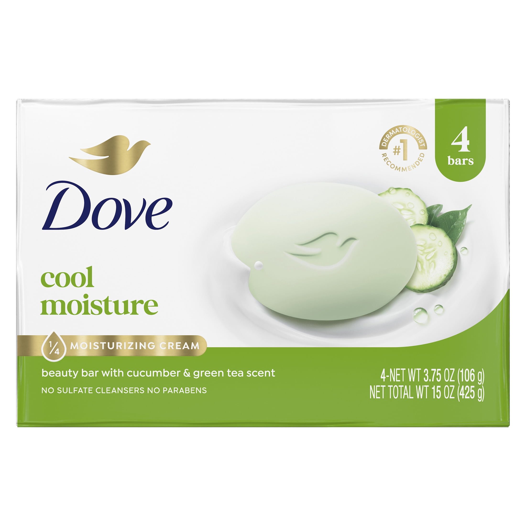 Dove Cool Moisture Beauty Bar Soap with 1/4 Moisturizing Cream, 4 Bars, 3.75 oz