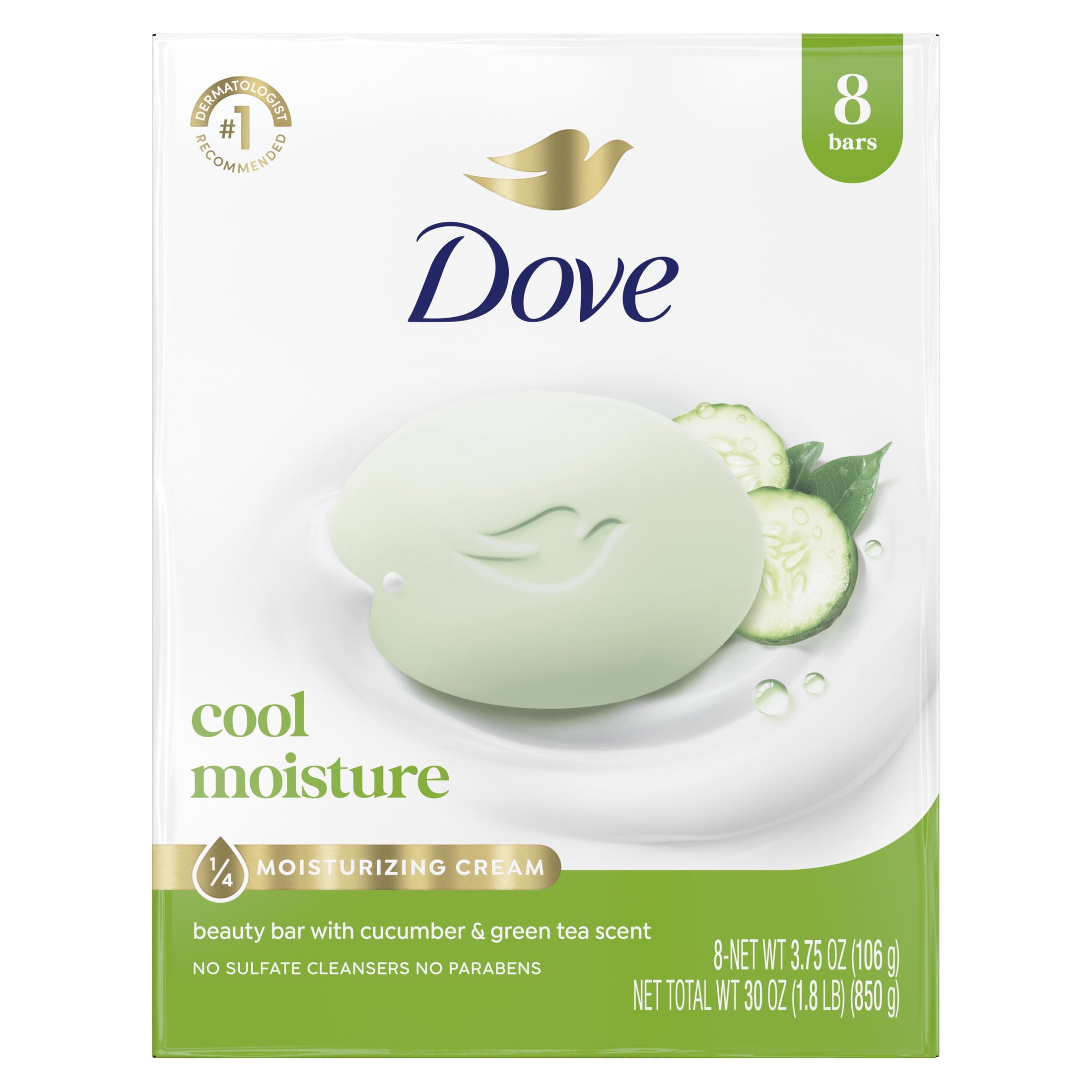 Dove Beauty Bar Soap For Refreshed Skin, Cool Moisture Cucumber & Green Tea Scent, Leaves Skin Refreshed, 3.75 oz 8 Bars