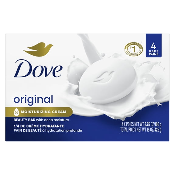 Dove Beauty Bar Soap Original 4 Count For Soft, Smooth Skin, With 1/4 Moisturizing Cream 3.75 Oz Packaging May Vary