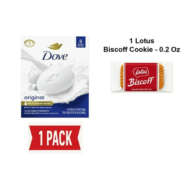 Dove Beauty Bar Soap Original 8 Count For Soft, Smooth Skin, With 1/4 Moisturizing Cream 3.75 Oz - Pack Of 1 & Lotus Biscoff Cookie - 0.2 Oz - 1 ct