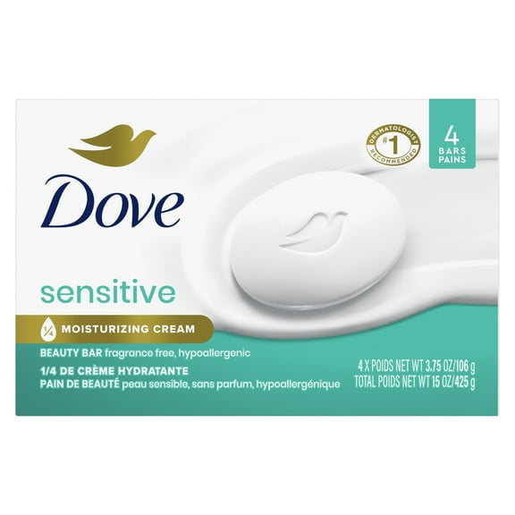 Dove Beauty Bar Soap Sensitive, 24 Bars for Sensitive Skin, Fragrance Free and Hypoallergenic 3.75 oz