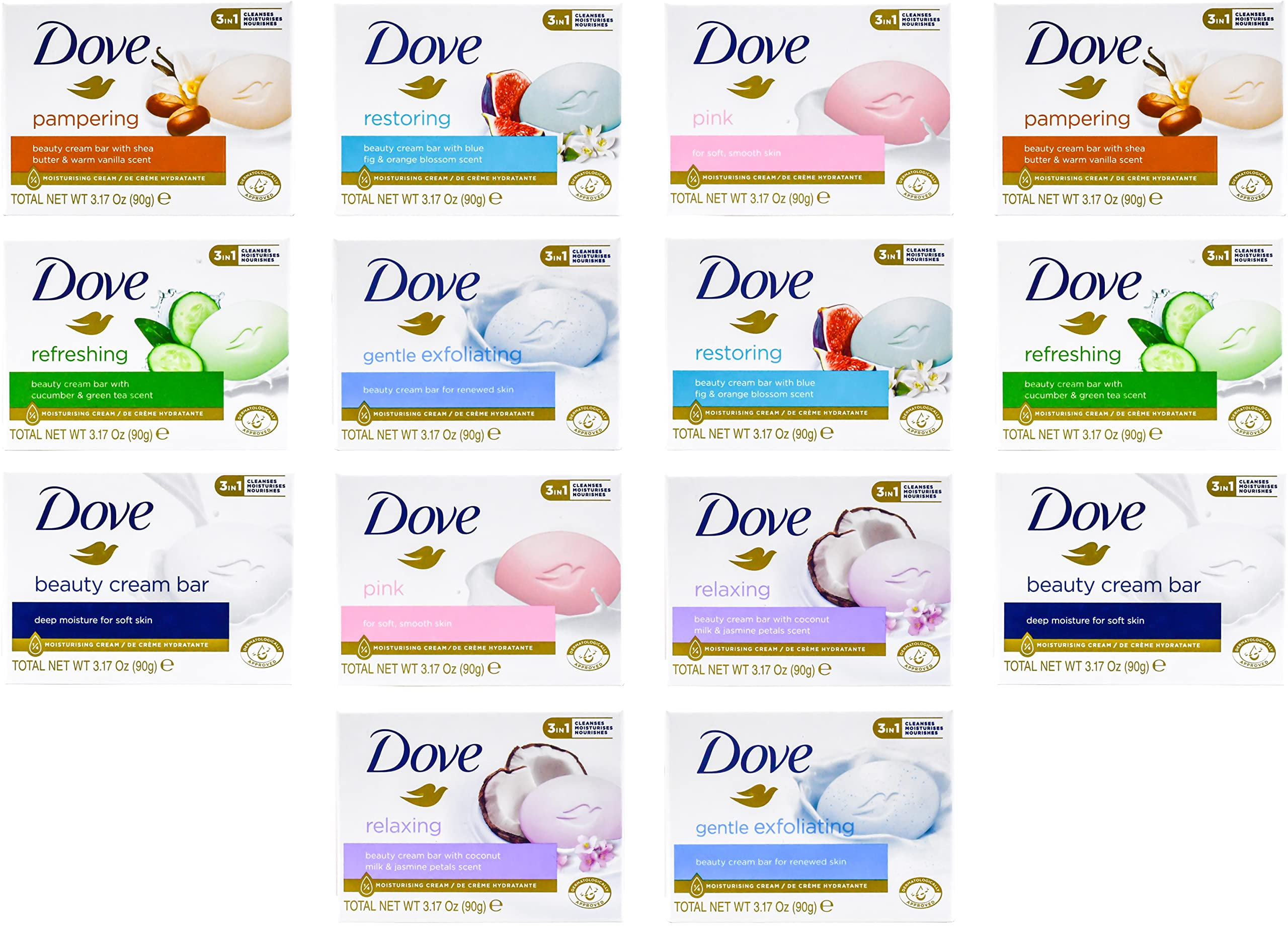 Dove, Beauty Bar Soap Variety Pack Of 14, Go Fresh, Shea Butter, Coconut Milk, White, Pampering, Restoring, Exfoliating - 90G (7 Scents, 2 Of Each) Packaging May Vary