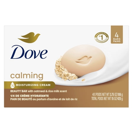 Dove Beauty Bar Soap For Calm, Replenished Skin, Calming Oatmeal & Rice Milk, Tranquil and Hydrated Skin, 3.75 oz 4 Pack
