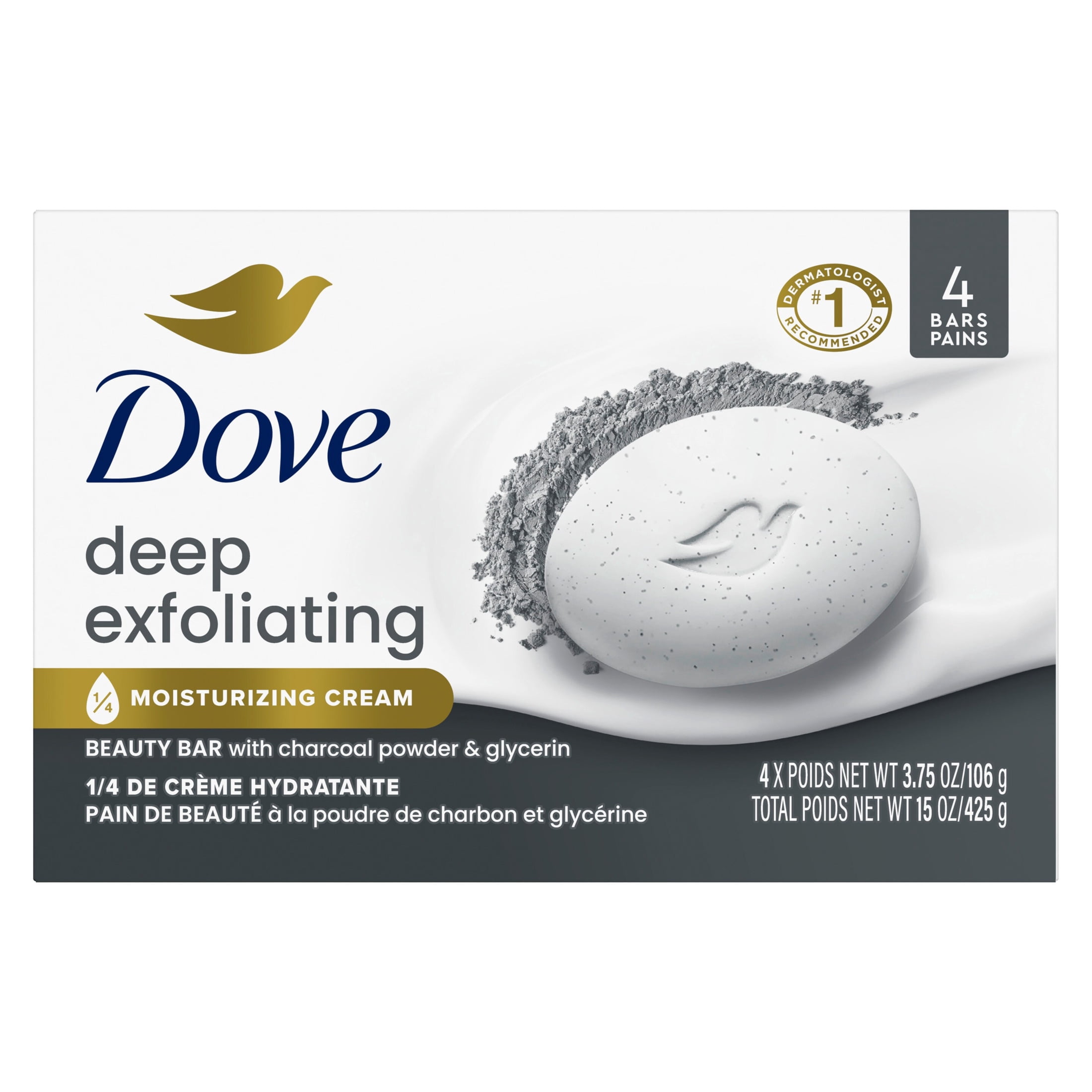 Dove Beauty Bar Soap For Softer, Smoother Skin, Deep Exfoliating Charcoal Powder & Glycerin, Scrubs Away Impurities ,3.75 oz 4 Bars