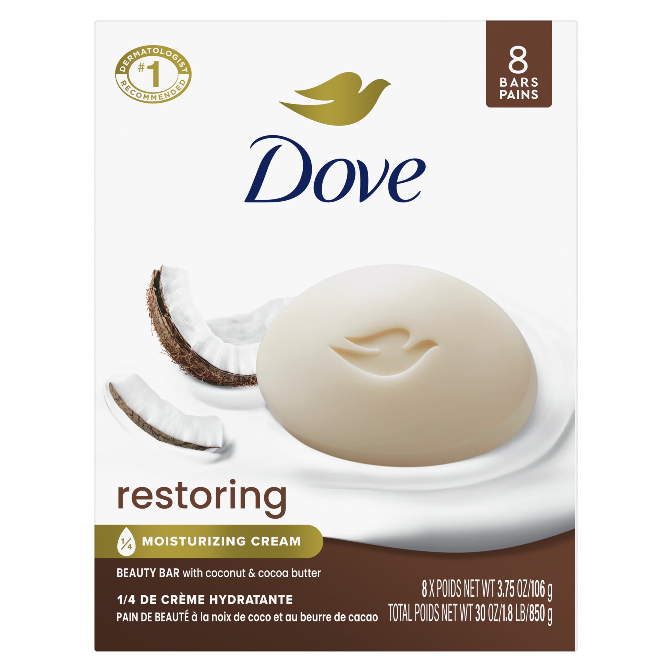 Dove Beauty Bar Soap for Women Restoring Coconut & Cocoa Butter All Skin, 3.75 oz 8 Bars