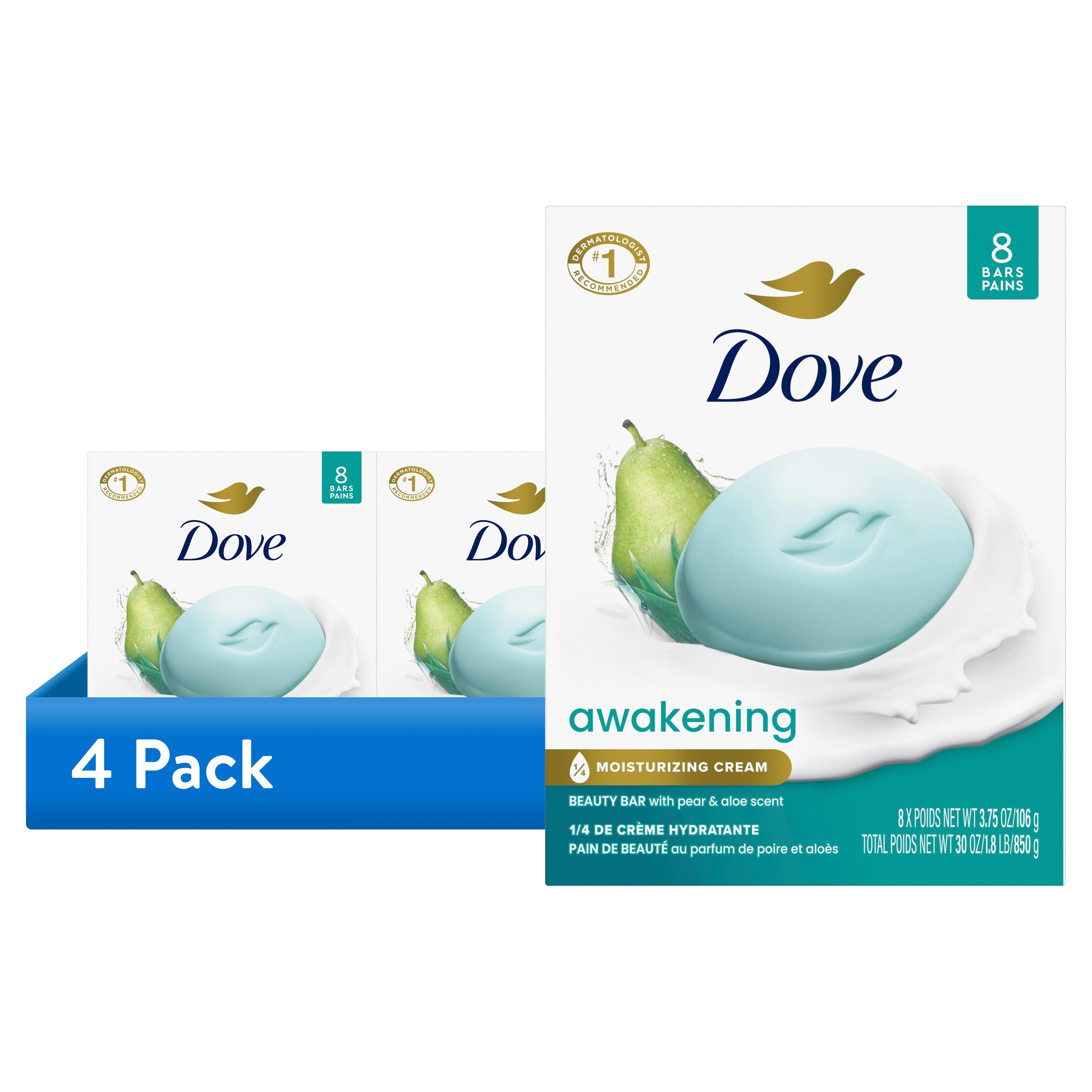 (4 pack) Dove Beauty Bar Soap For Invigorated Skin, Awakening Pear & Aloe, Revives Skin, 3.75 oz 8 Bars