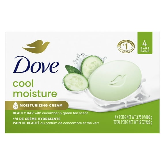 Dove Beauty Bar Women's Bath Soap Cool Moisture Cucumber & Green Tea Scent, 3.75 oz 4 Bars