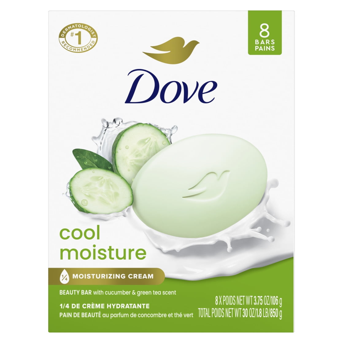 Dove Beauty Bar Women's Bath Soap Cool Moisture Cucumber & Green Tea Scent, 3.75 oz 8 Bars