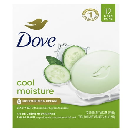 Dove Beauty Bar Women's Bath Soap Cool Moisture Cucumber & Green Tea Scent, 3.75 oz 12 Bars