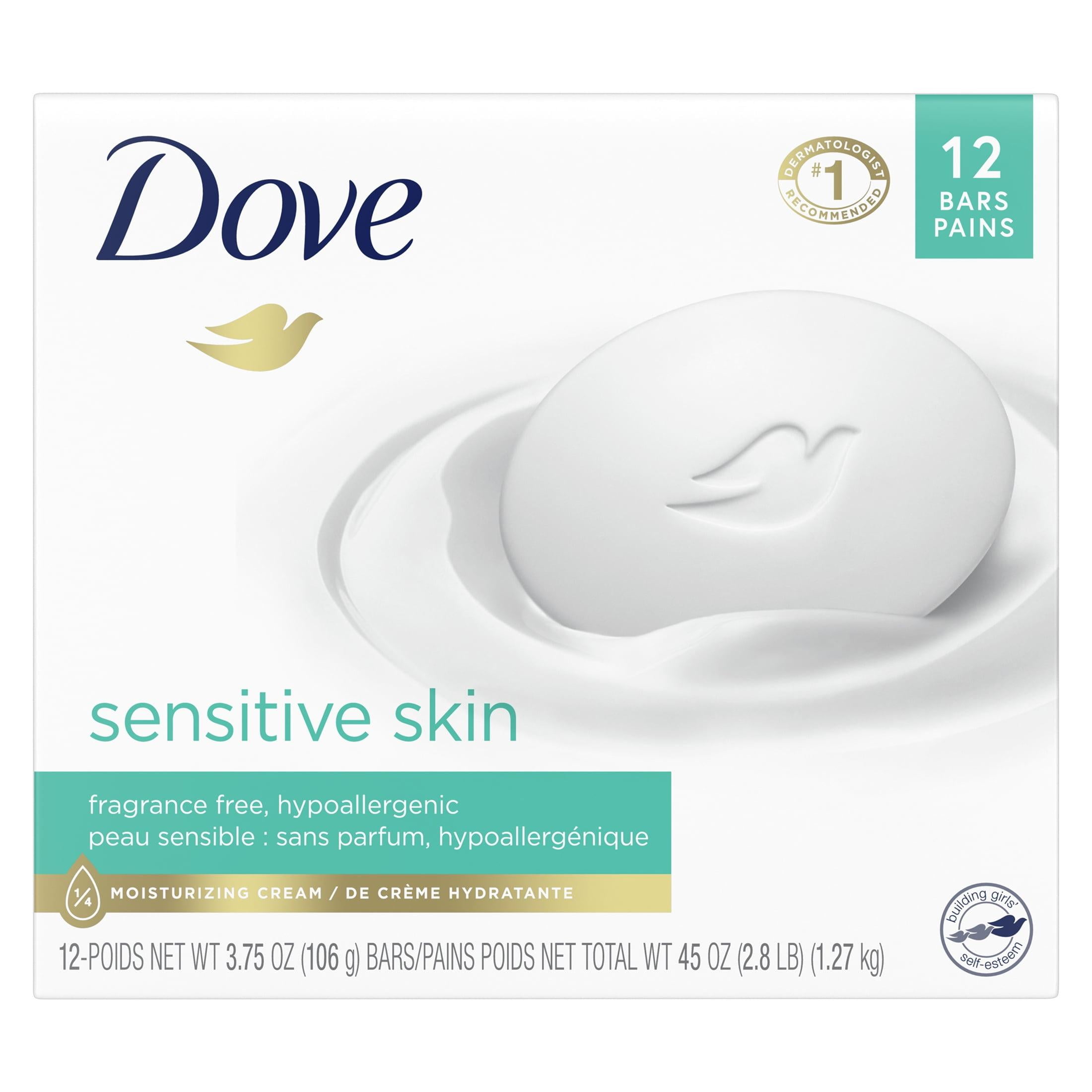 Dove Hypoallergenic Beauty Bar Soap for Sensitive Skin, Fragrance Free, 3.75 oz, Pack of 12