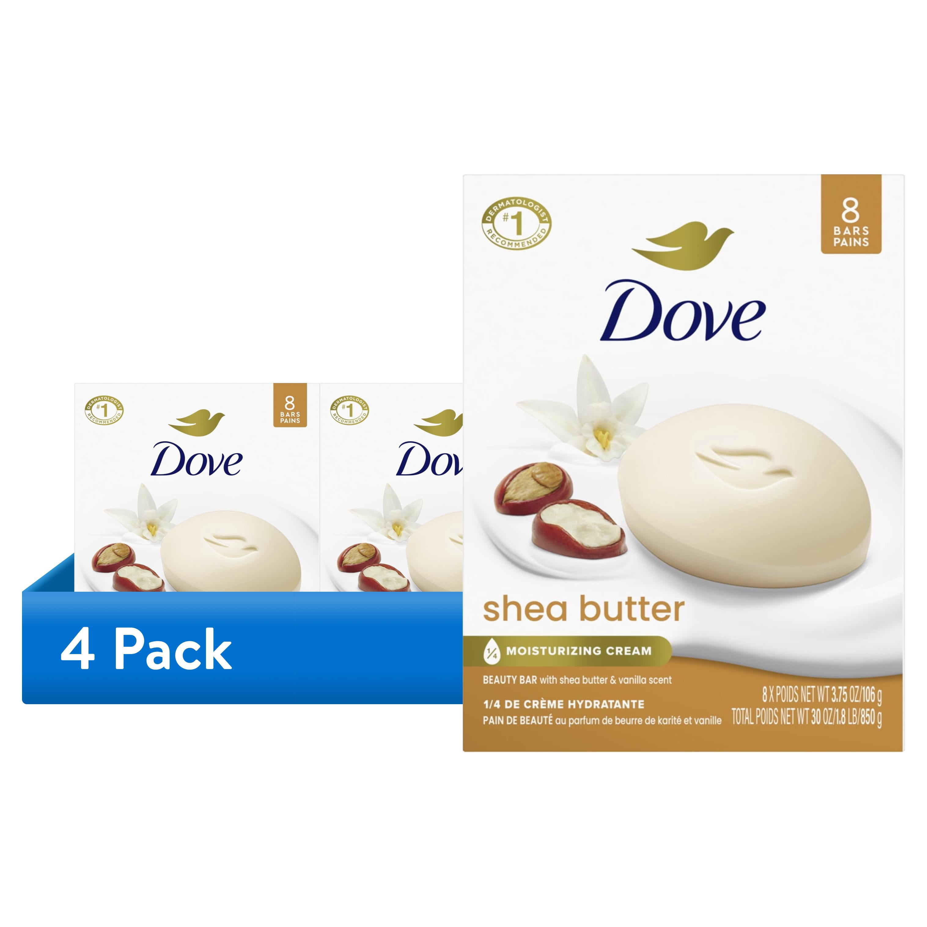 (4 pack) Dove Beauty Bar Soap For Nourished, Radiant Skin, Shea Butter, Enriches Skin, 3.75 oz 8 Bars