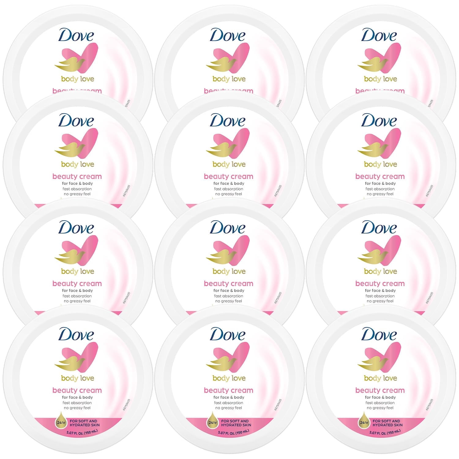Dove Body Love Beauty Cream, Lightweight, Fast-Absorbing Face and Body Cream for Normal to Dry Skin, 24-Hour Moisture, Luxuriously Scented Face Cream, Hand & Body Lotion, 5.07 Fl Oz (Pack of 12)