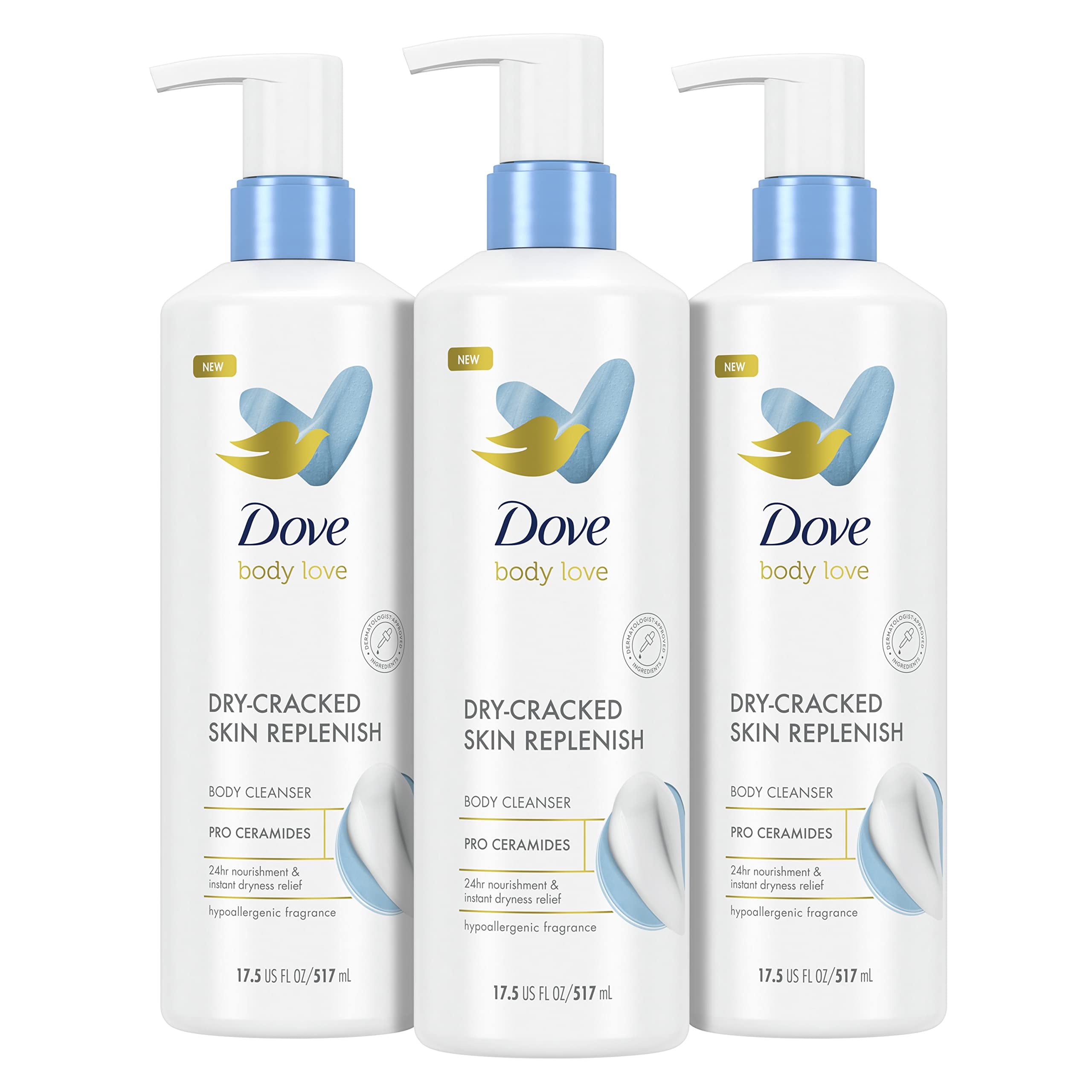 Dove Body Love Body Cleanser Body Wash 3 Count Dry-Cracked Skin Replenish Hypoallergenic For 24 Hour Nourishment & Instant Dryness Relief With Pro Ceramides 17.5 Fo