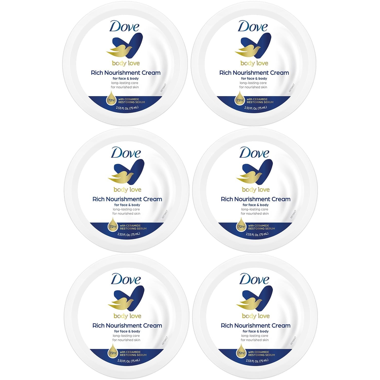 Dove Body Love Rich Nourishment Cream, Face, Hand & Body Lotion for Extremely Dry Skin, Fast-Absorbing 72-Hour Moisturizing Cream with Ceramide Serum, Travel Size, 2.53 Oz (Pack of 6)