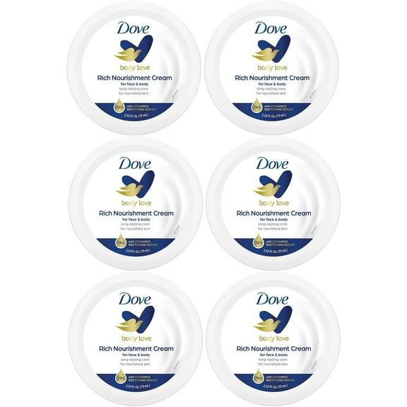 Dove Body Love Rich Nourishment Cream, Face, Hand & Body Lotion for Extremely Dry Skin, Fast-Absorbing 72-Hour Moisturizing Cream with Ceramide Serum, Travel Size, 2.53 Oz (Pack of 6)
