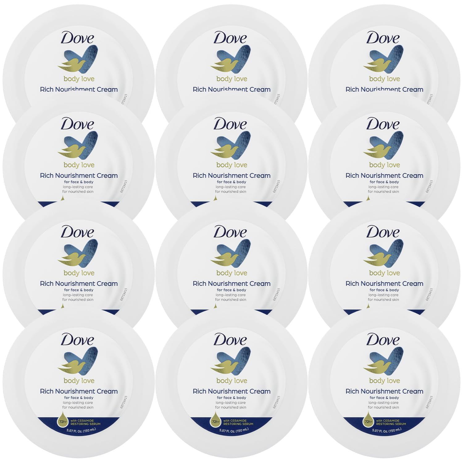 Dove Body Love Rich Nourishment Cream, Face, Hand & Body Lotion  Fast-Absorbing 72-Hour Moisturizing Cream with Ceramide Serum, 5.07 Fl Oz (Pack of 12)
