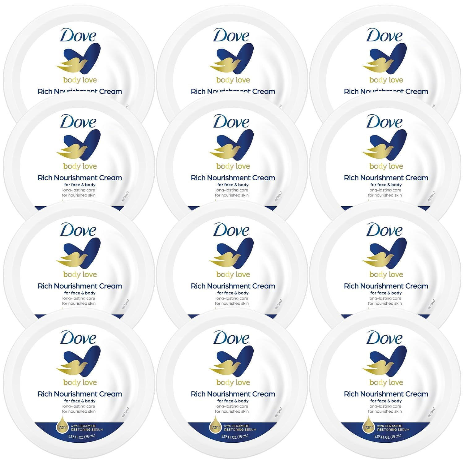 Dove Body Love Rich Nourishment Cream, Face, Hand & Body Lotion for Extremely Dry Skin, Travel Size, 2.53 Oz (Pack of 12)