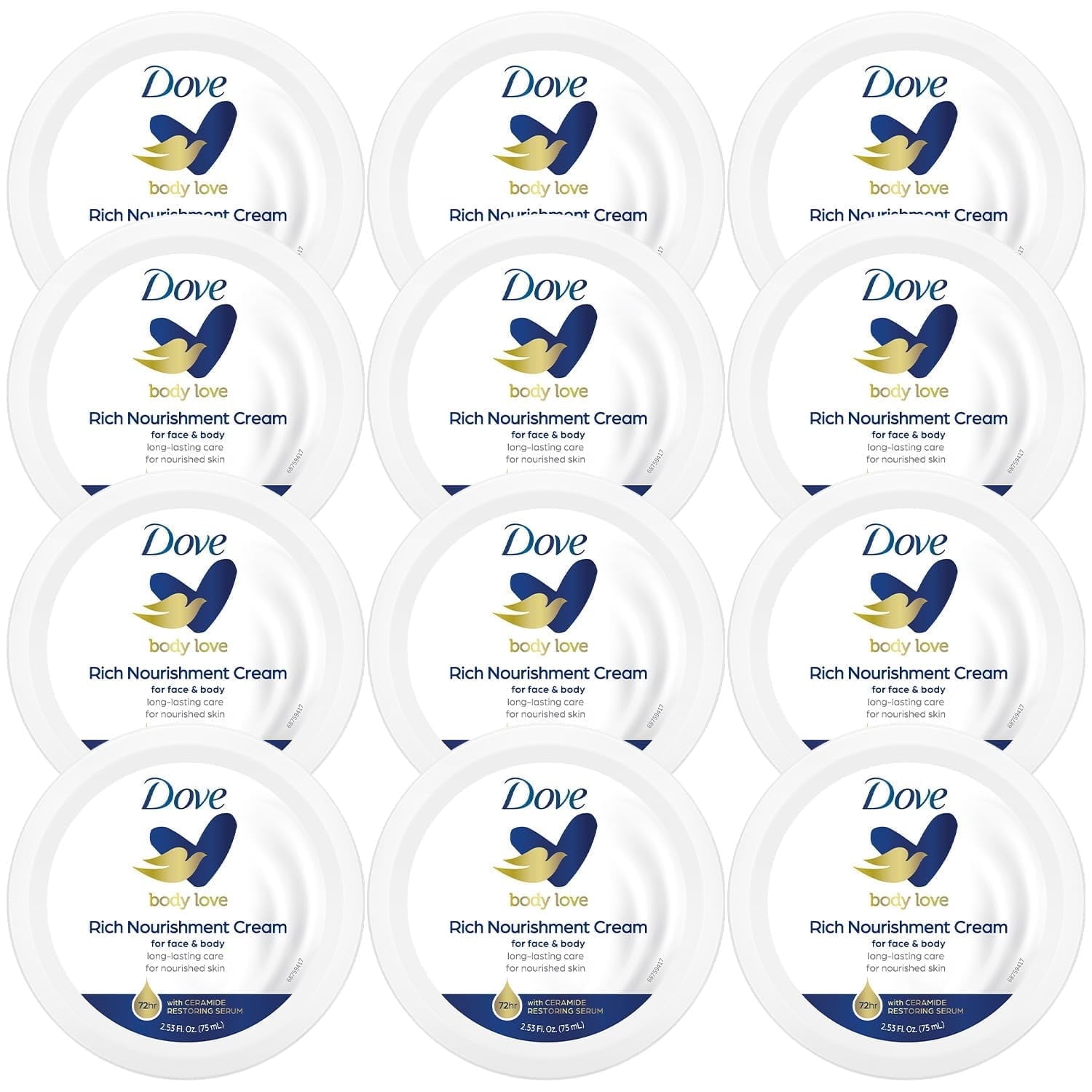Dove Body Love Rich Nourishment Cream, Face, Hand & Body Lotion for Extremely Dry Skin, Travel Size, 2.53 Oz (Pack of 12)