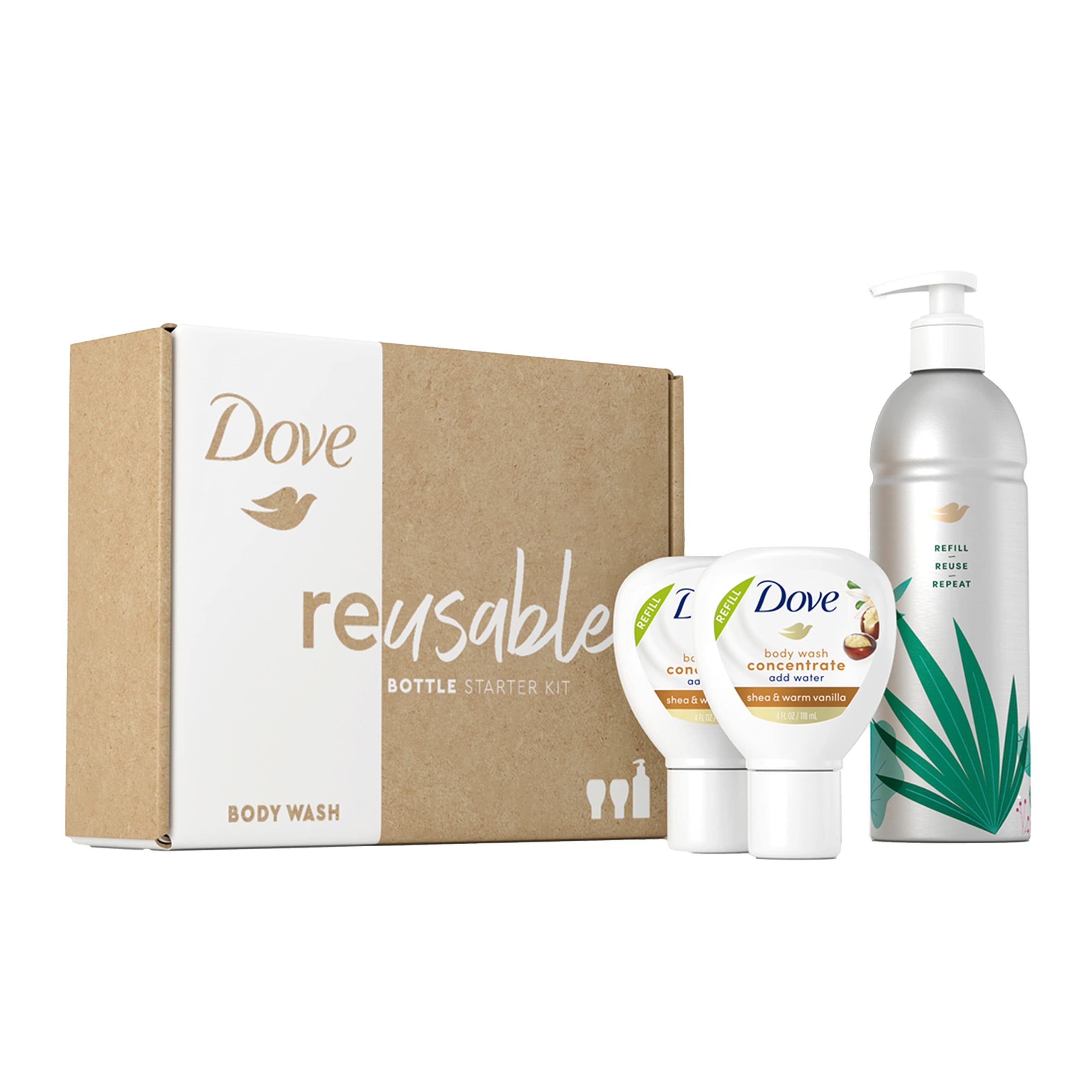 Dove Body Wash Aluminum Reusable Bottle And Concentrate Refill (2X) Starter Kit For Instantly
