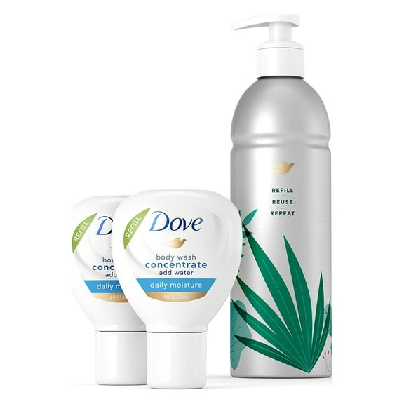 Dove Body Wash Concentrate DC20Refills (x2) & Recyclable Aluminum for Instantly Soft Skin Reusable Bottle Starter Kit for Lasting Skincare Nourishment 4 FL OZ (makes 16 fl oz)