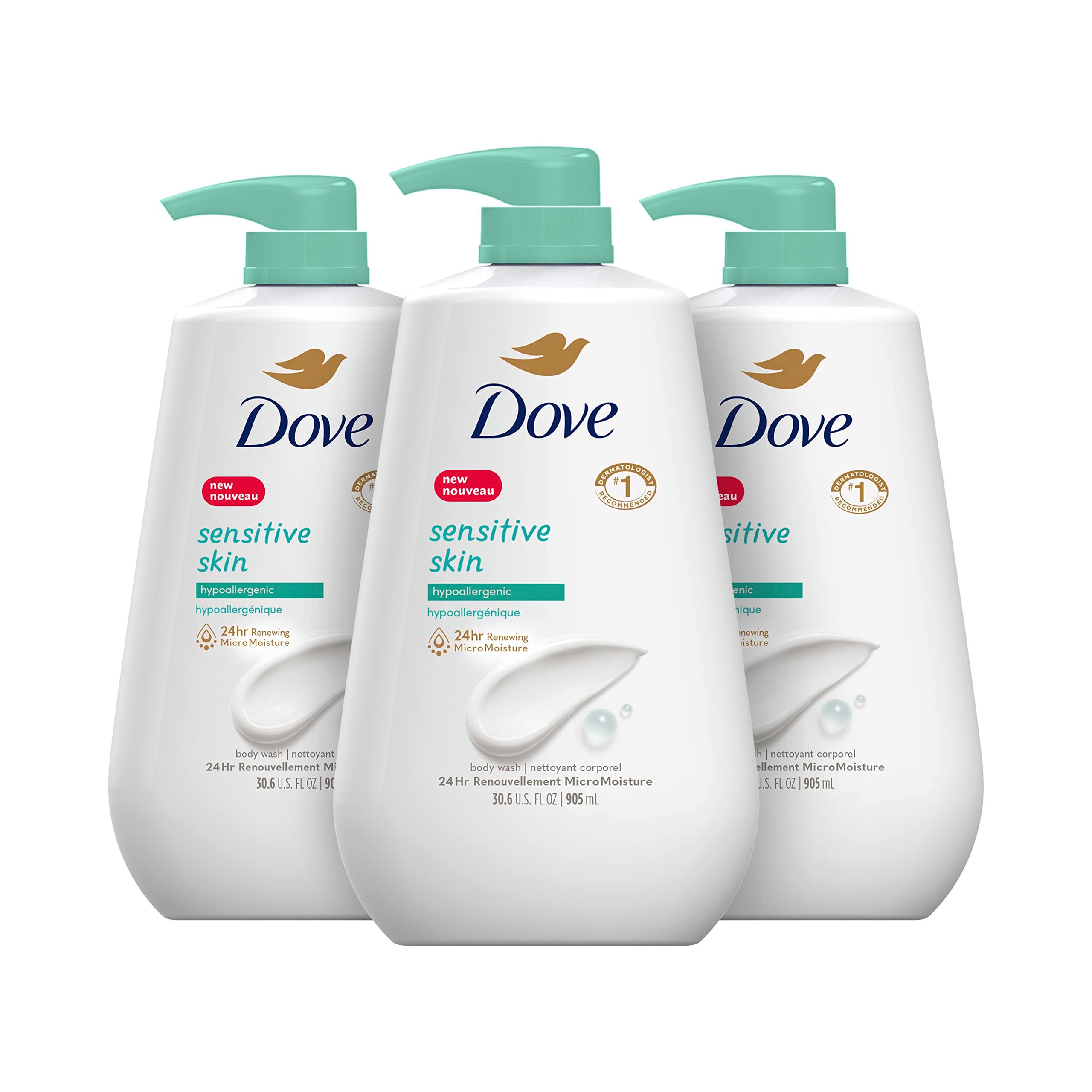 Dove Body Wash With Pump Sensitive Skin 3 Count Hypoallergenic, Paraben-Free, Sulfate-Free, Cruelty-Free, Moisturizing Skin Cleanser Effectively Washes Away Bacteria While Nourishing Skin 30.6 fl oz