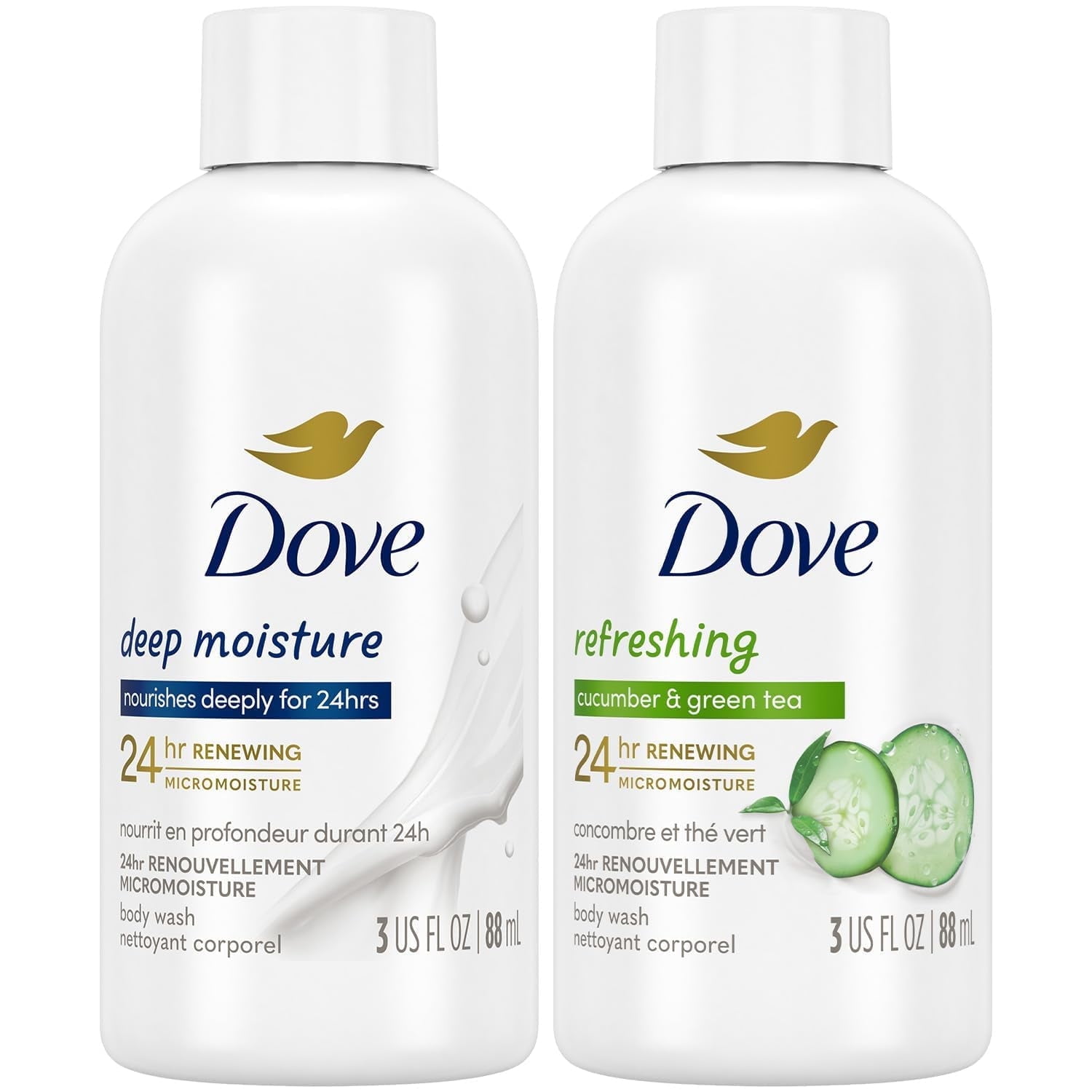 Dove Body Wash Travel Essentials Variety 2-Pack Refreshing Cucumber & Green Tea + Deep Moisture Nourishing Body Washes, 3 Oz Ea