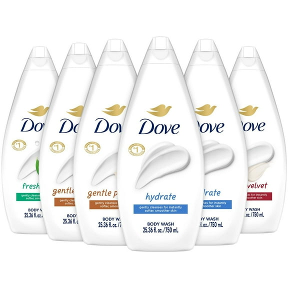 Dove Body Wash Value-Size Variety 6-Pack Hydrate, Gentle Pamper, Fresh Care, and Silky Velvet, Family Size, 25.36 Oz Ea