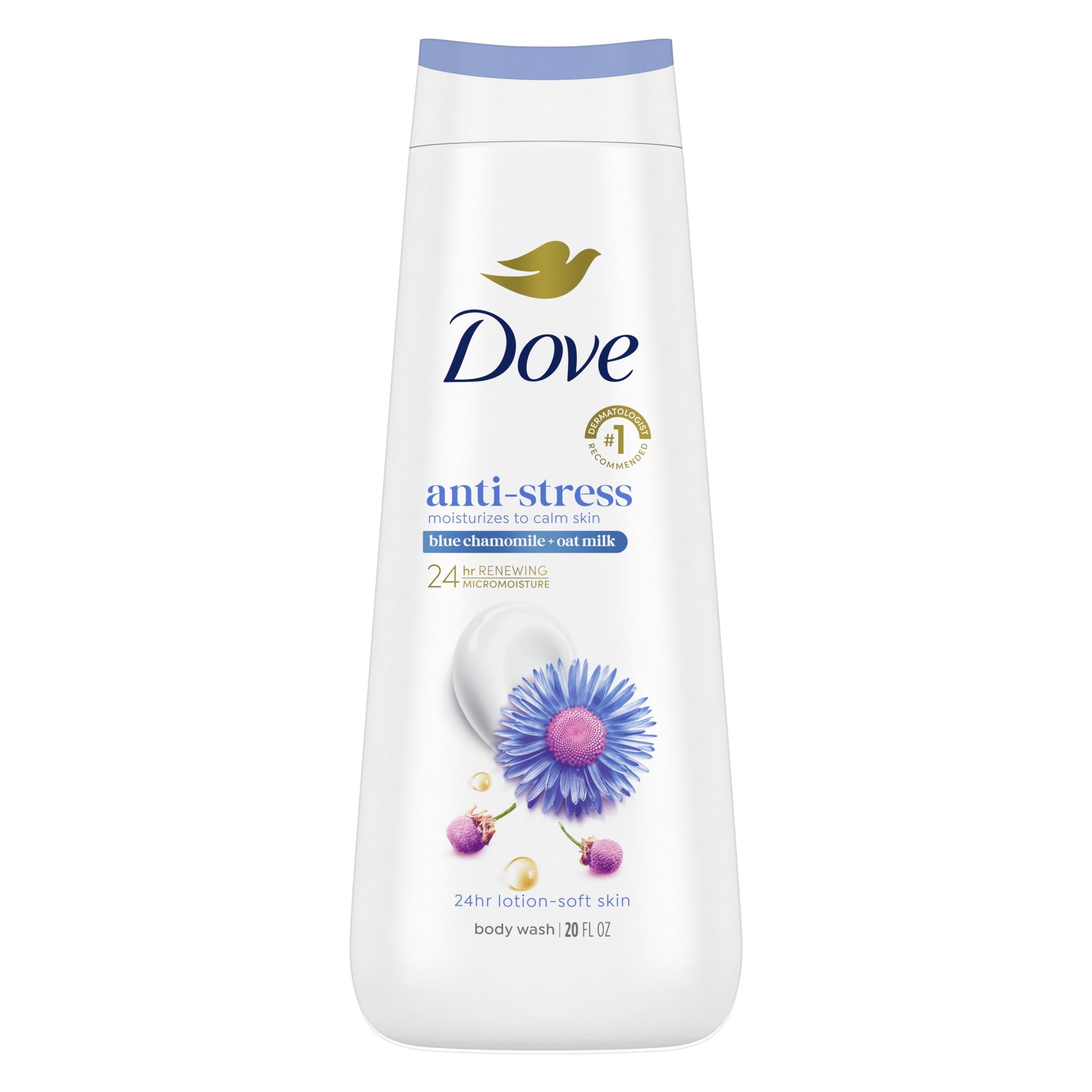 Dove Body Wash for Women Moisturizing Anti-Stress Blue Chamomile & Oat Milk Cleanser All Skin, 20 oz