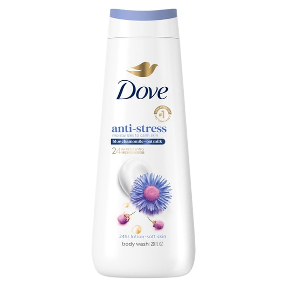 Dove Body Wash For 24hr Lotion-Soft Skin Anti-Stress Blue Chamomile & Oat Milk Moisturizing Skin Cleanser With No Sulfates No Parabens ,20 fl oz