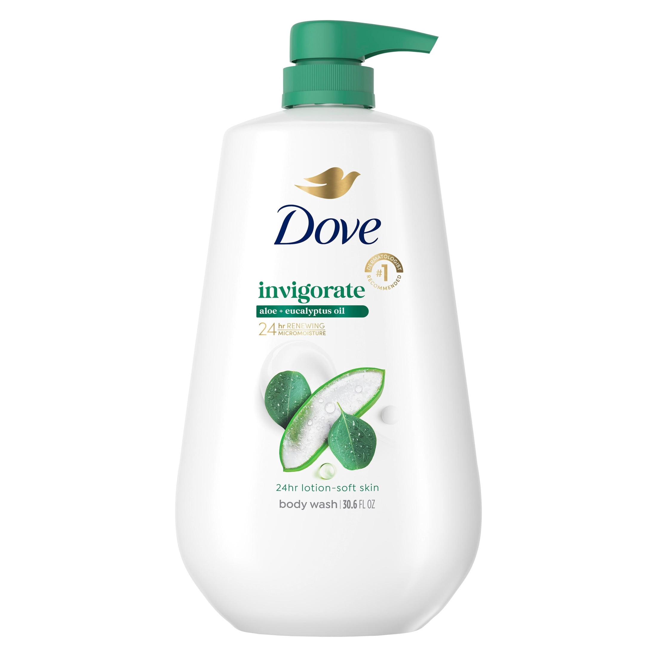 Dove Body Wash with Pump For 24hr Lotion-Soft Skin Invigorate Aloe & Eucalyptus Moisturizing Skin Cleanser with No Sulfates No Parabens ,30.6 fl oz