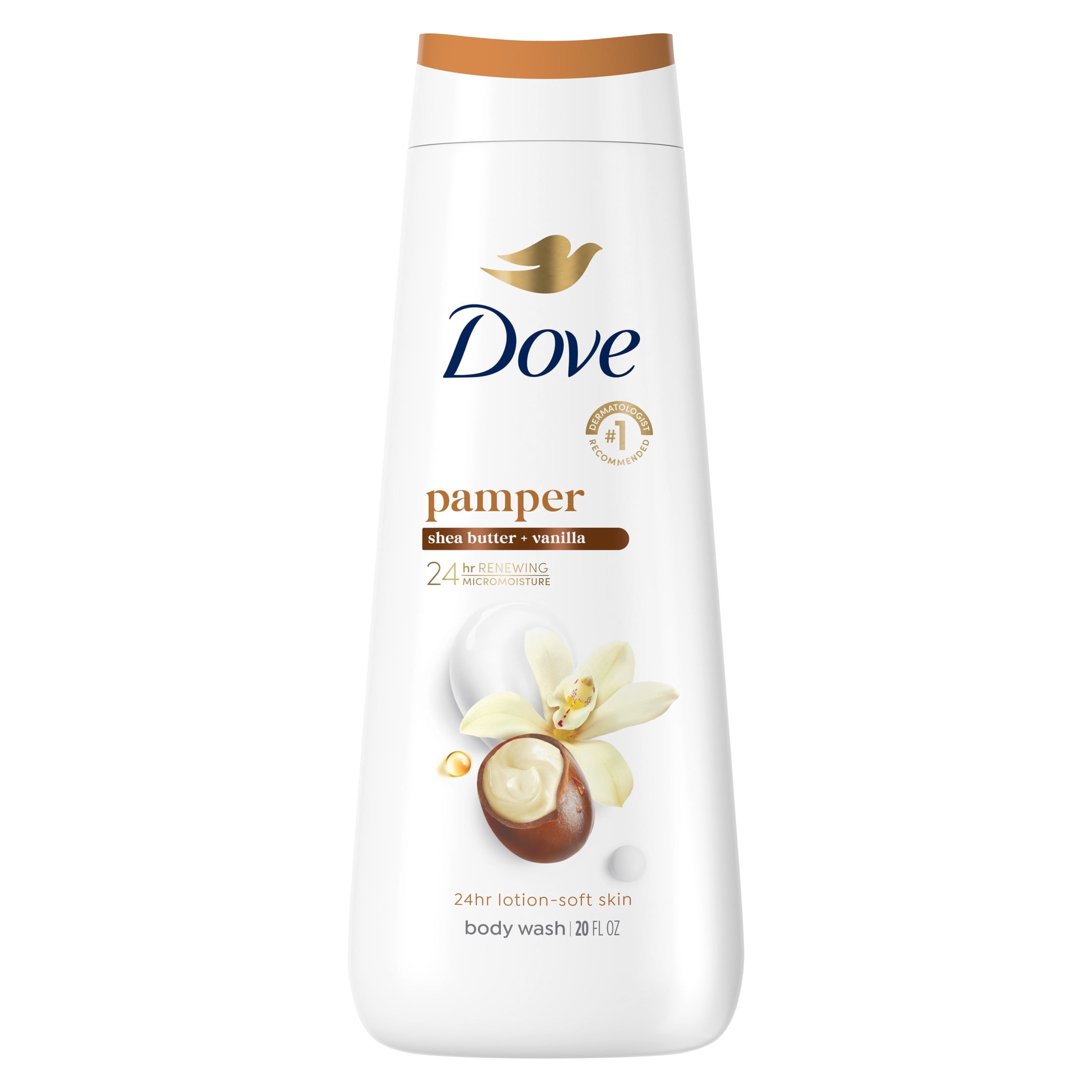 Dove Body Wash For 24hr Lotion-Soft Skin Pamper Shea Butter & Vanilla Moisturizing Skin Cleanser With No Sulfates No Parabens ,20 fl oz