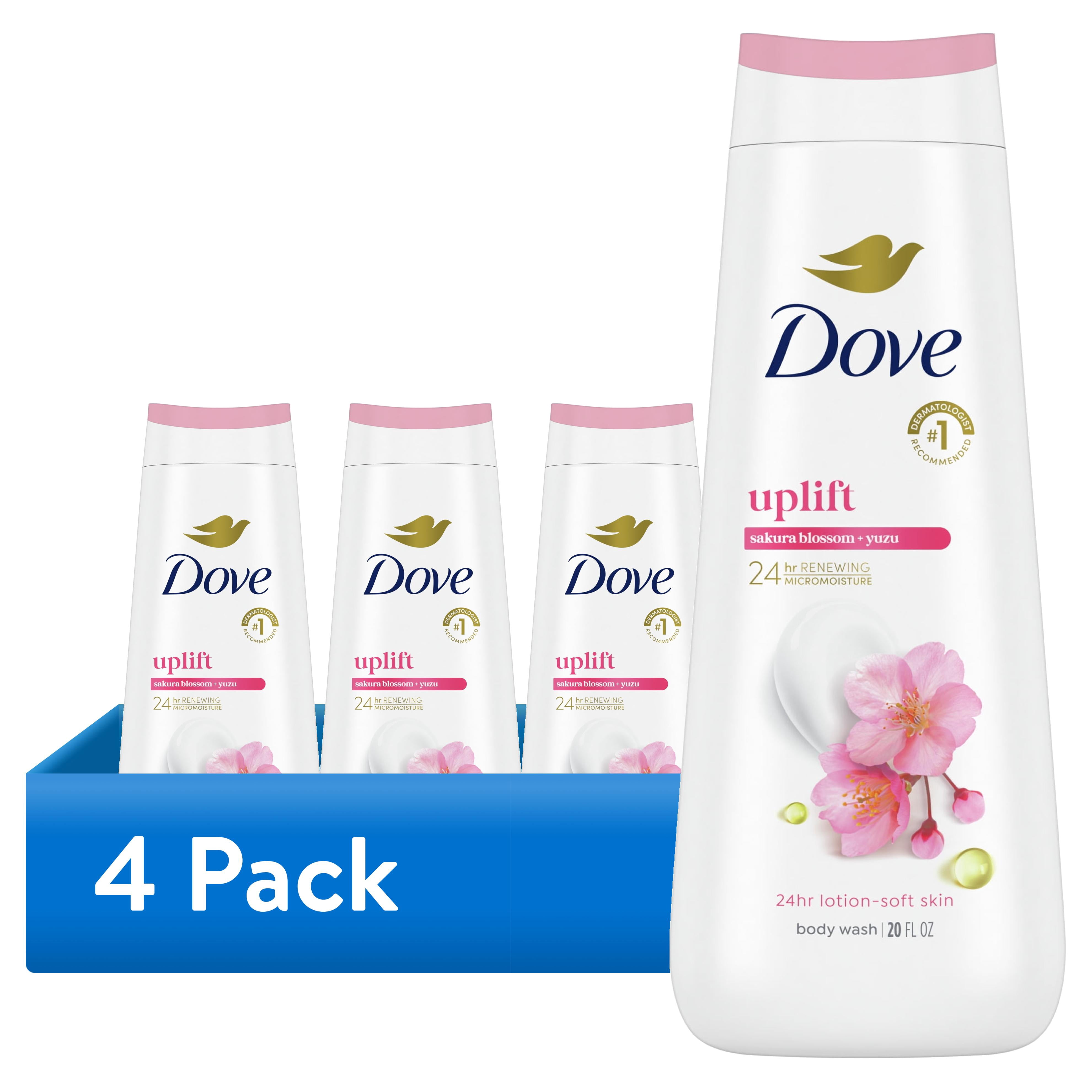 (4 pack) Dove Body Wash for 24hr Lotion-Soft Skin Uplift Sakura Blossom and Yuzu Moisturizing Skin Cleanser with No Sulfates No Parabens, 20 fl oz