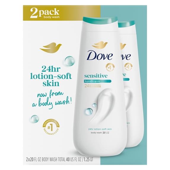 Dove Body Wash Hypoallergenic and Sulfate Free Body Wash Sensitive Skin Effectively Washes Away Bacteria While Nourishing Your Skin, 20 fl oz 2 Count