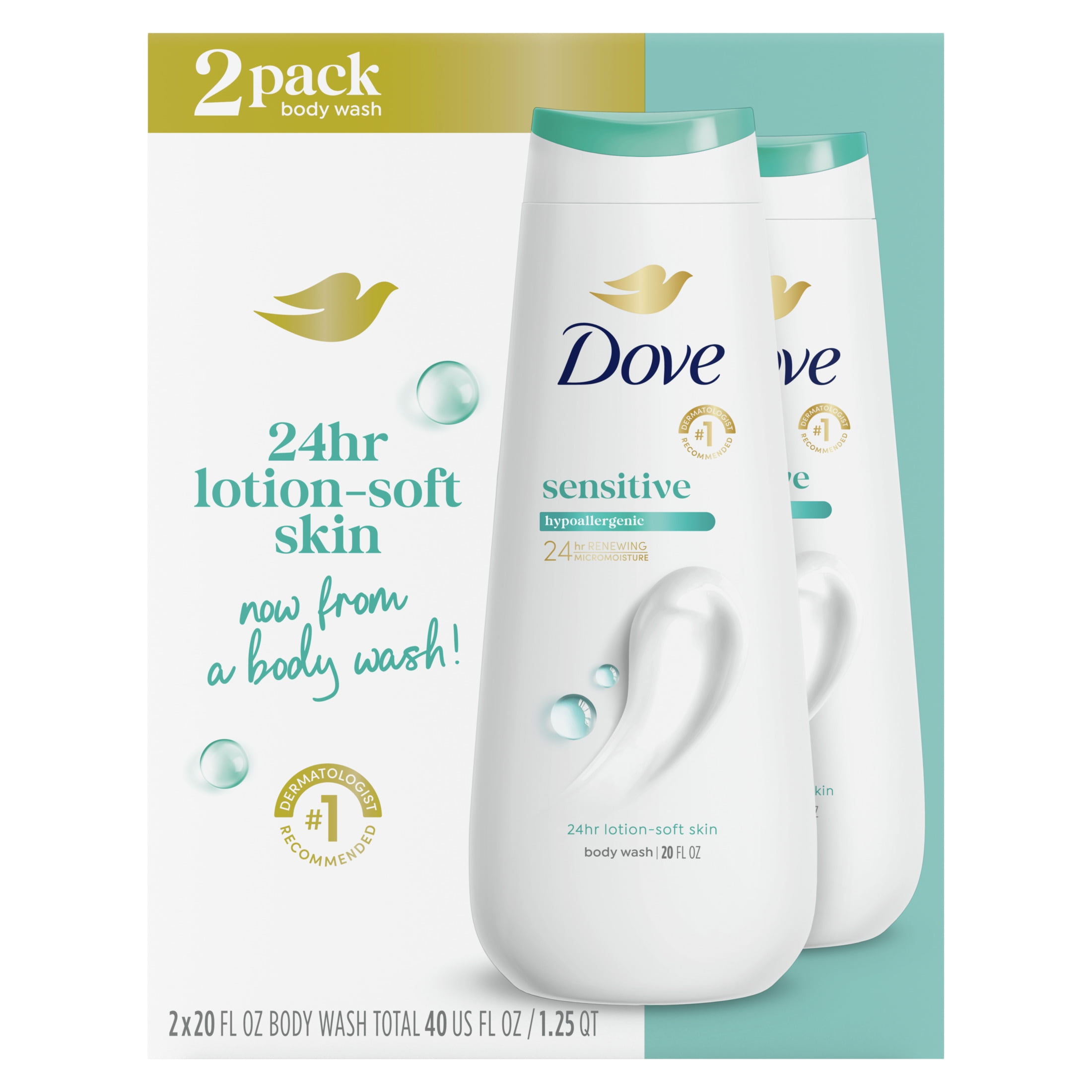 Dove Body Wash for Women Sensitive Skin Effectively Washes Away Bacteria While Nourishing 20 oz, 2 Count