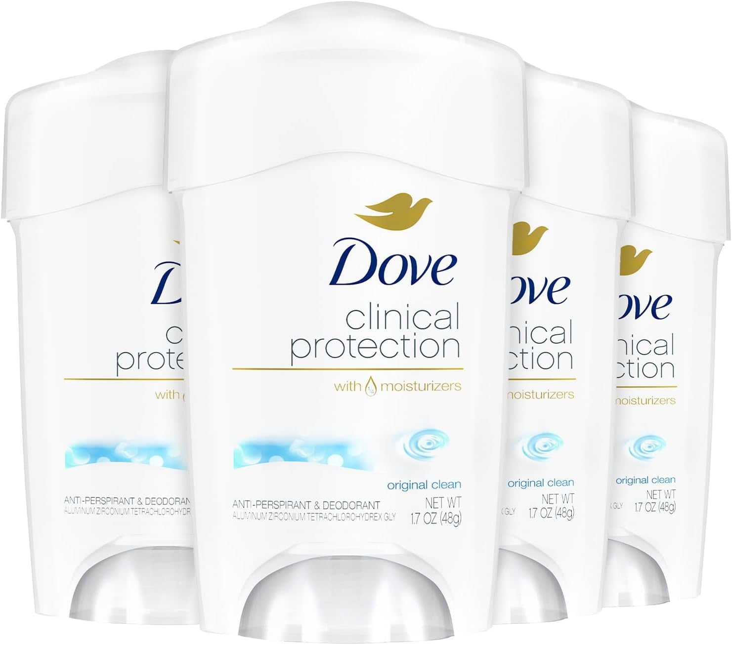 Dove Deodorant for Women, Clinical Protection Antiperspirant, Original Clean 4-Pack – Prescription Strength Wetness Protection with ¼ Moisturizers, 1.7 Oz Ea