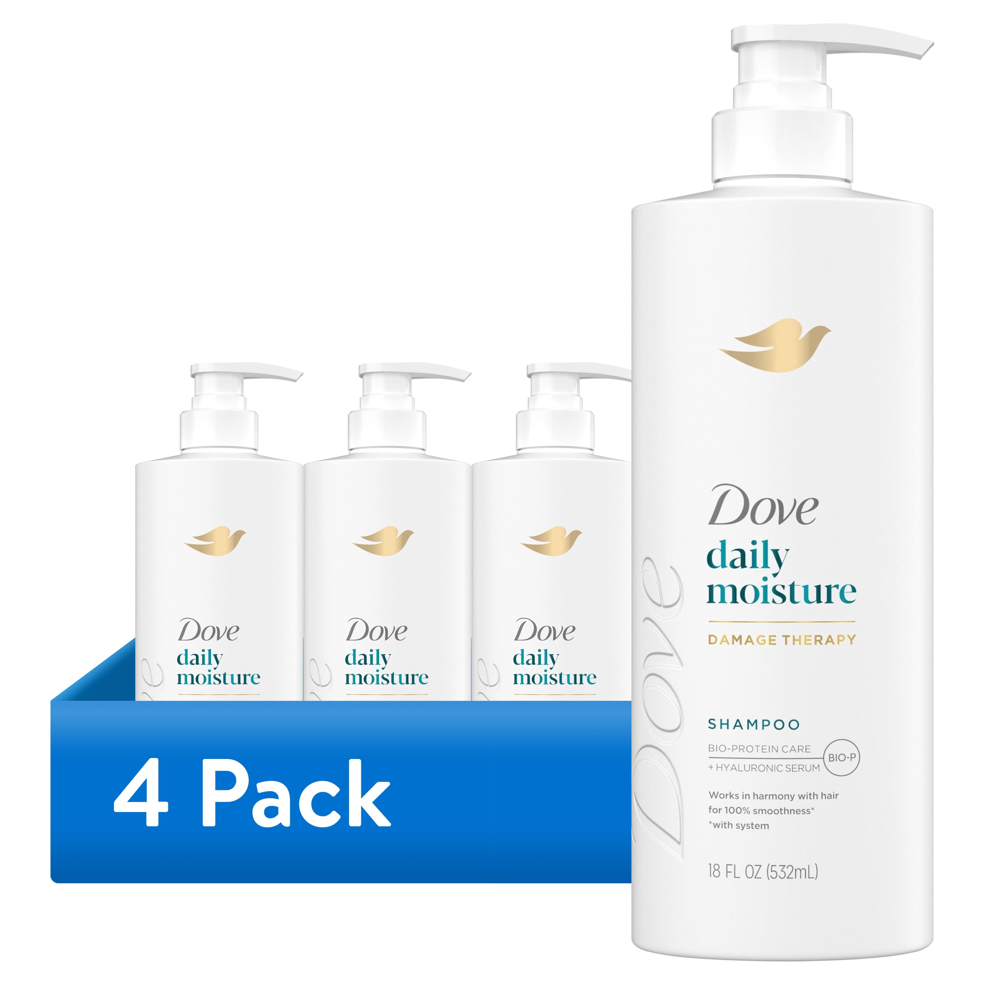 (4 pack) Dove Damage Therapy Shampoo for Dry Hair Daily Moisture with Bio-Protein Care Technology and Hyaluronic Serum, 18 Fl Oz