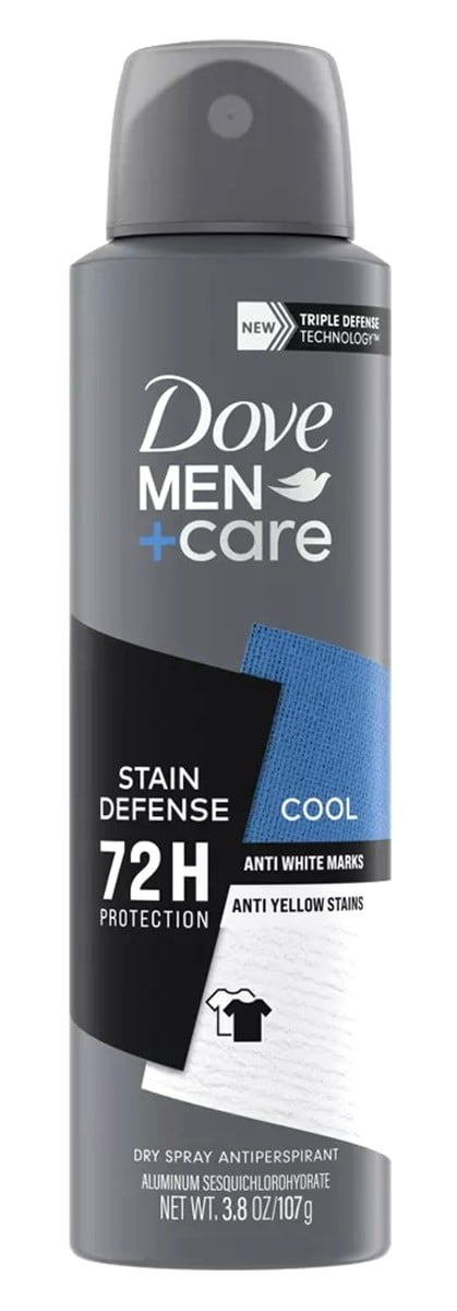 Dove Deodorant 3.8 Ounce Dry Spray Men+Care Stain Defense Cool (Pack of 2)