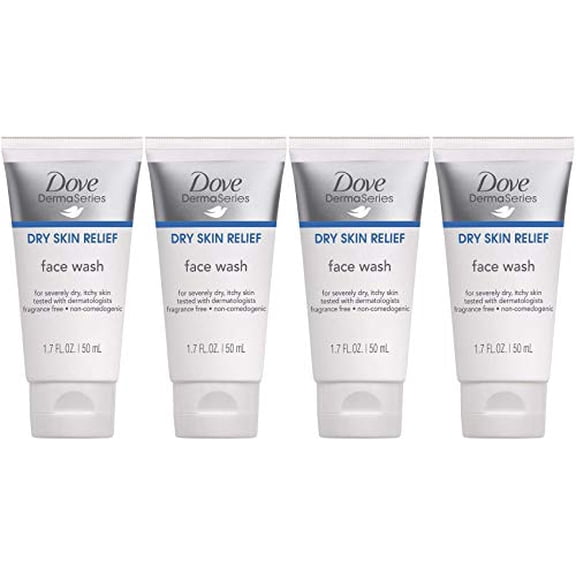 4 pack Dove DermaSeries Dry Skin Relief Face Wash, Fragrance-Free, Travel Size, 1.7oz