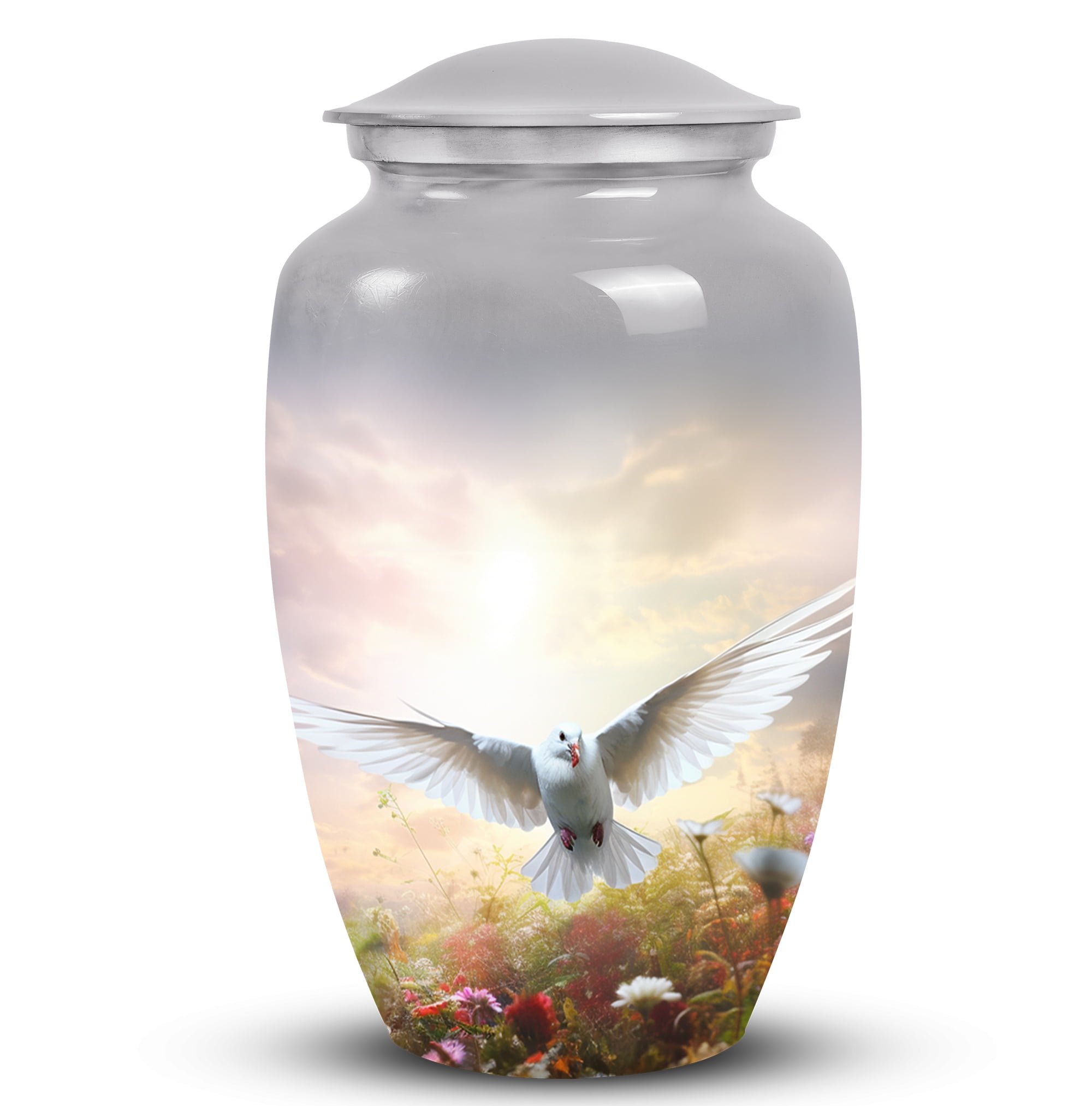 Dove Flying Over Colorful Field Of Flowers - Large Dove Cremation Urn ...