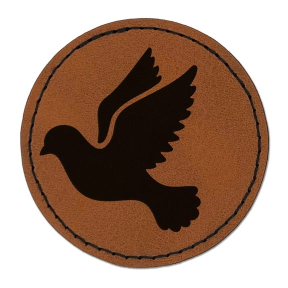 Dove Flying Silhouette Bird 2.5" Faux Leather Round Engraved Iron-On Patch - Brown