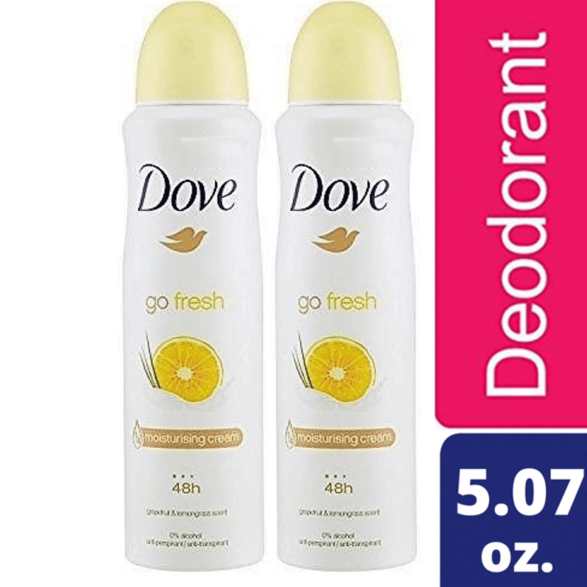 Dove Go Fresh Grapefruit and Lemongrass Moisturizing Cream,0% Alcohol Anti-Perspiration Deodorant Dry Spray 5.07 Oz.,48 Hour Protection,(2 Pack)