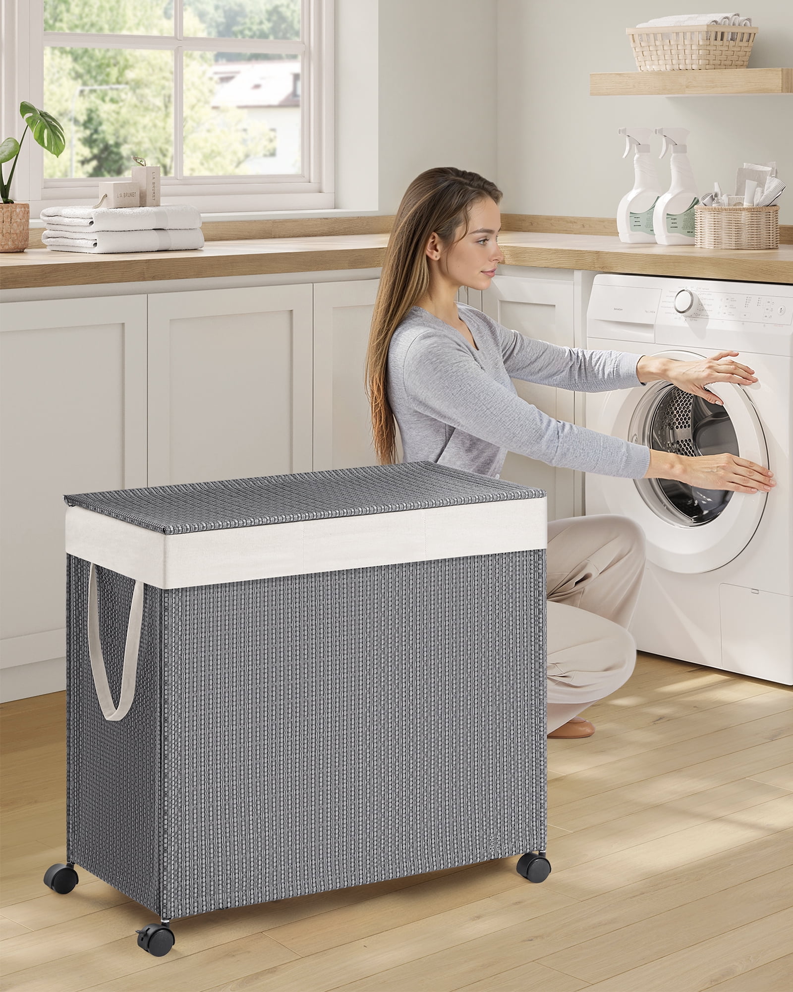 Dove Gray & Matte White Laundry Hamper - 3 - Compartment, 37 Gal Laundry Sorter on Wheels. Comes with Lid, Removable Liners with Handles