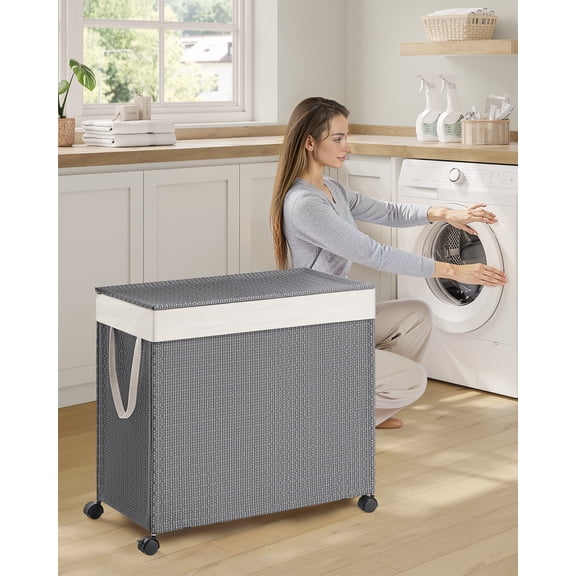 Dove Gray & Matte White Laundry Hamper - 3 - Compartment, 37 Gal Laundry Sorter on Wheels. Comes with Lid, Removable Liners with Handles