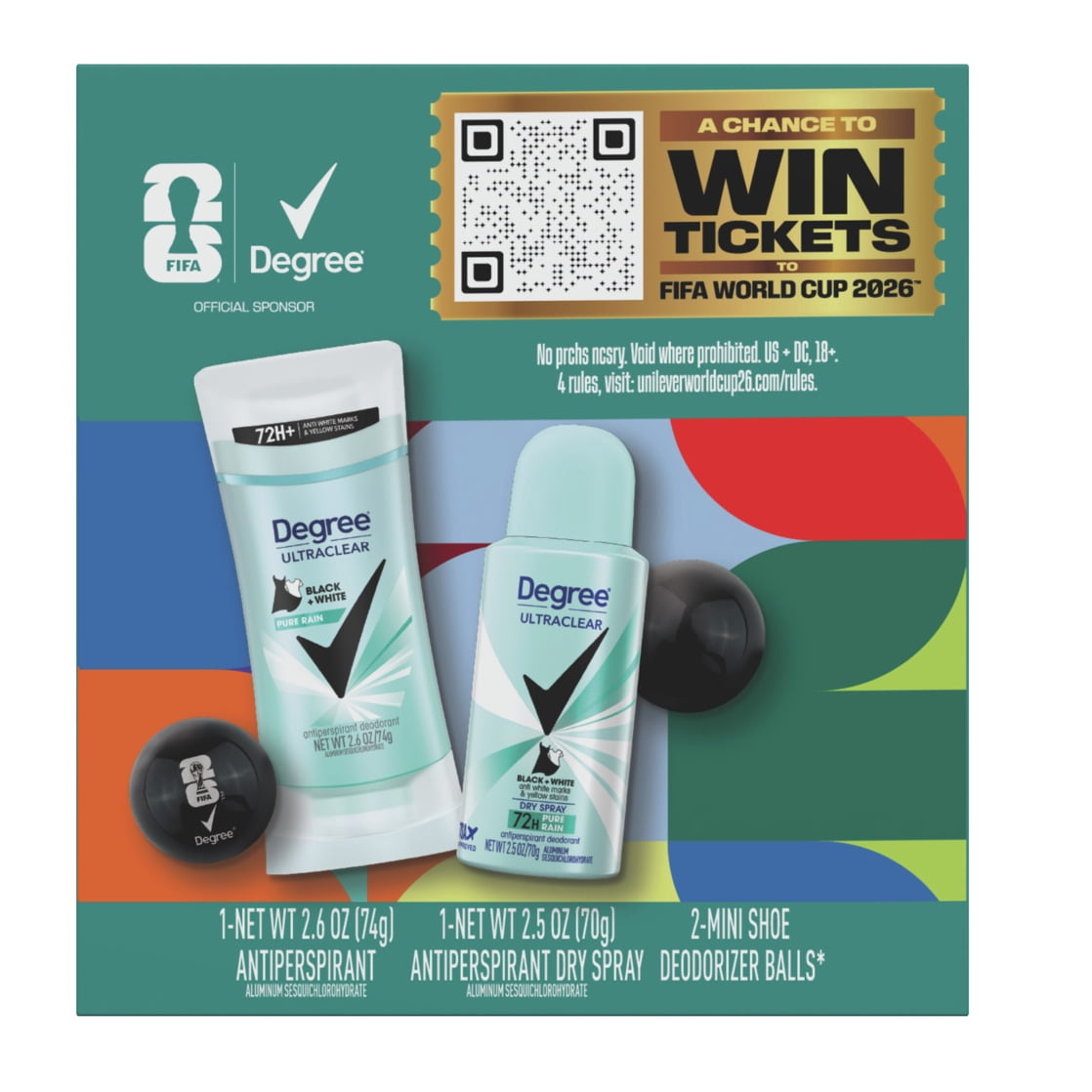 Degree Women UltraClear Black+White FIFA Gift Set Antiperspirant Deodorant Stick & Dry Spray + Deodorizer Balls, 2 Count