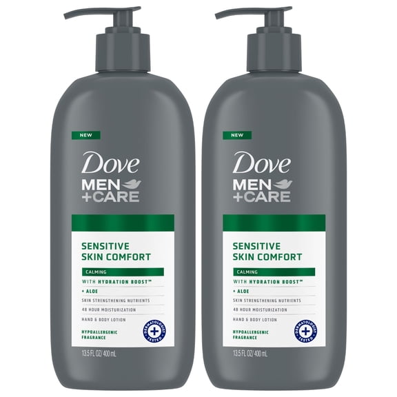 Dove Hand & Body DPF11Lotion, Men+Care Value Pack - Sensitive Skin Comfort Formula with Shea Butter & Aloe Vera, Calming Lotion for Dry Skin, 13.5 Fl Oz (Pack of 2)
