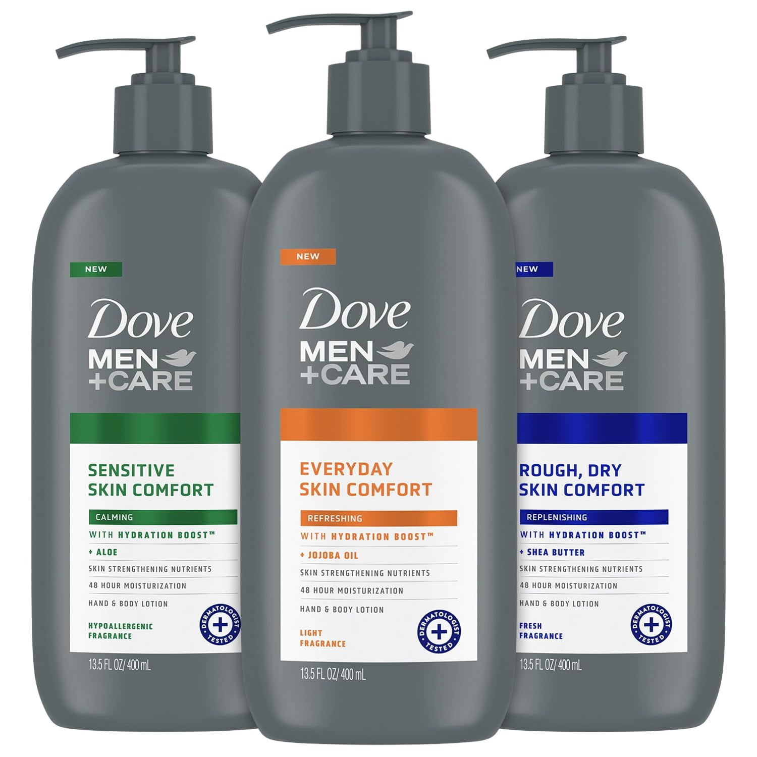 Dove Hand & Body Lotion, Men+Care Variety Pack Rough Dry Skin Comfort with Shea Butter, Sensitive Skin Comfort with Aloe Vera, Everyday Skin Comfort with Jojoba Oil, 13.5 Oz Ea (3 Piece Set)